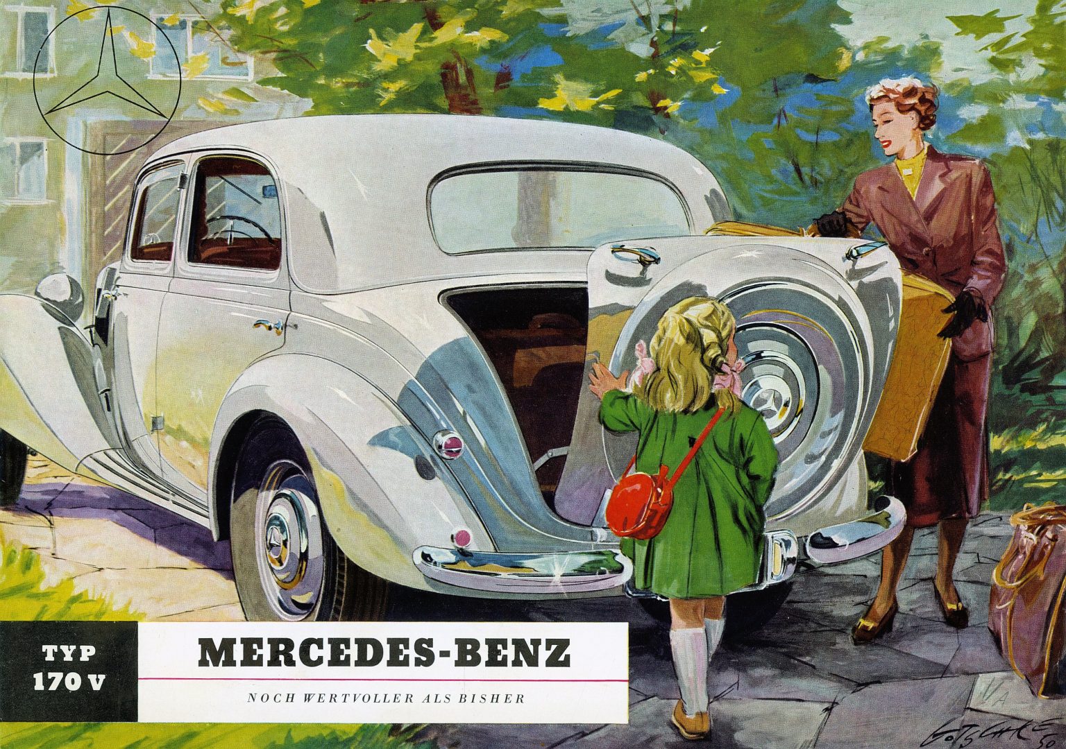 Mercedes-Benz 170 V (W 136), Saloon. Cover of the German 1950 brochure with a drawing by Walter Gotschke.