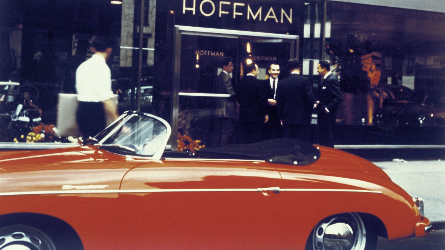 Porsche 356 Speedster, model year 1955, in front of the Hoffman Motor Car Company showroom in New York