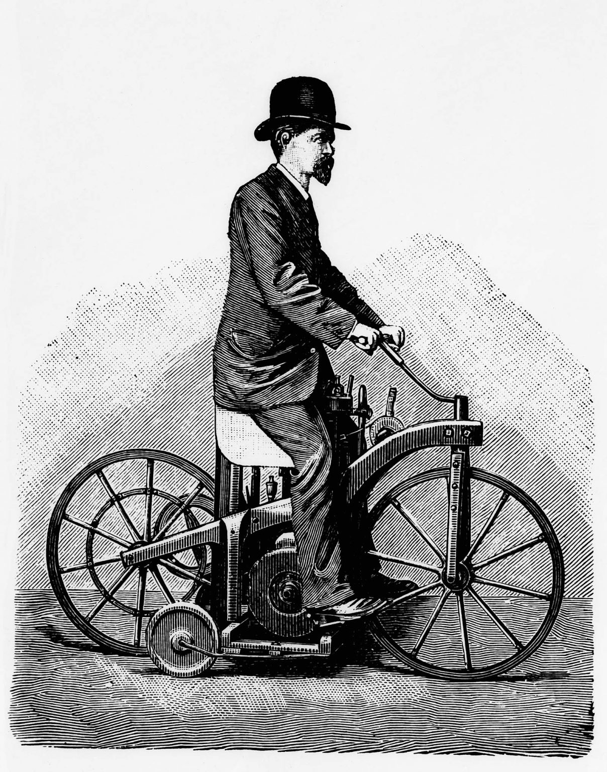 Wilhelm Maybach on the Reitwagen, the first motorcycle