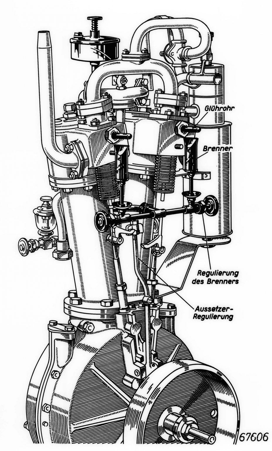 Drawing of the two-cylinder V-engine developed by Wilhelm Maybach